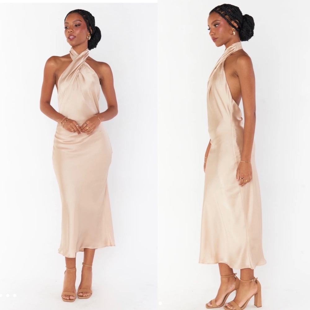 Jasmine Halter Midi Dress - Champagne Luxe Satin